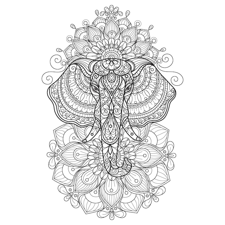 Vector elephant and lotus hand drawn sketch illustration for adult coloring book
