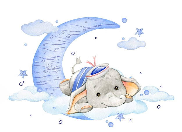 elephant lying on a cloud on the moon surrounded by starfish and water droplets Watercolor clipart