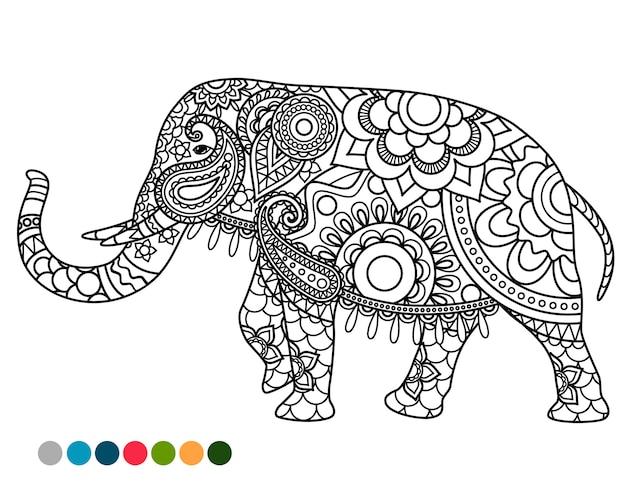 Elephant mandala ornament with colors samples