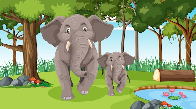 Elephant mom and baby in forest or rainforest scene with many trees