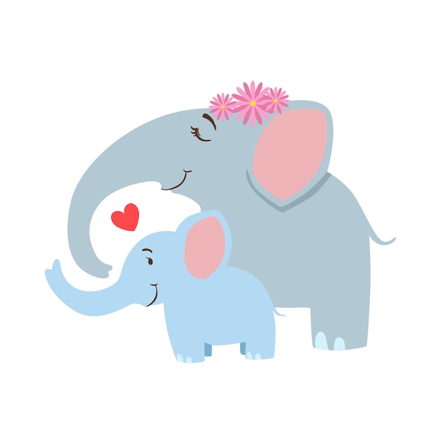 Vector elephant mom with frower wreath animal parent and its baby calf parenthood themed colorful illustration cartoon fauna characters