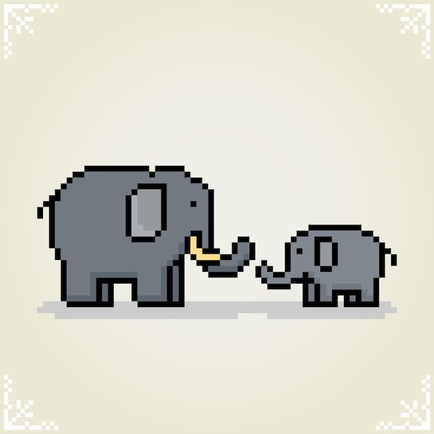 Elephant mothers and their children in 8 bit pixel art in vector illustrations