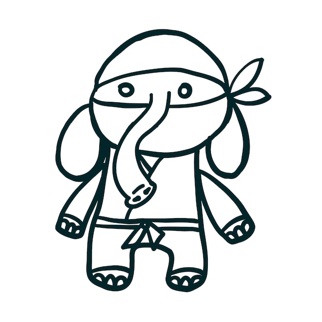 Elephant ninja in outline doodle style