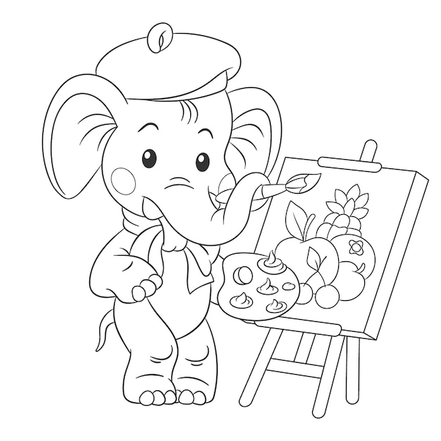 Vector elephant painting on canvas. cartoon character. coloring book page in line art style.