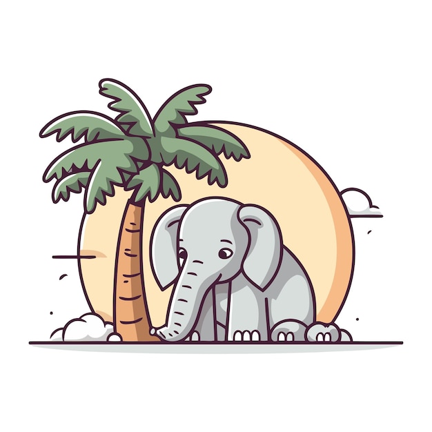 Elephant and palm tree vector illustration in flat cartoon style