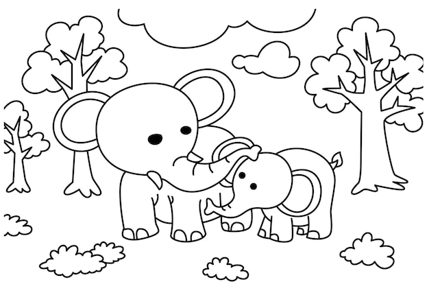 아이들을 위한 공원 색칠 공부 페이지의 코끼리 벡터