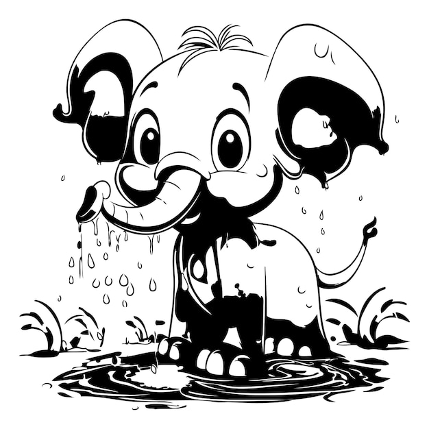 Elephant in a puddle Black and White Cartoon Illustration