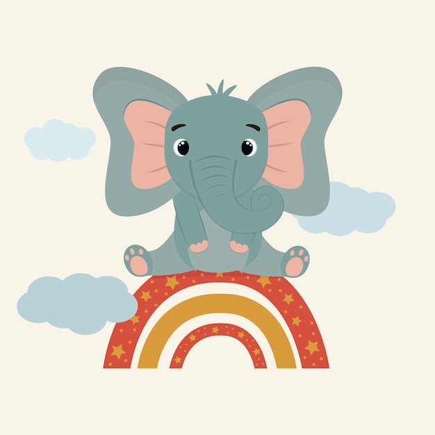 Elephant on a rainbow in the clouds - for a children's room, for a poster or postcard. Flat style