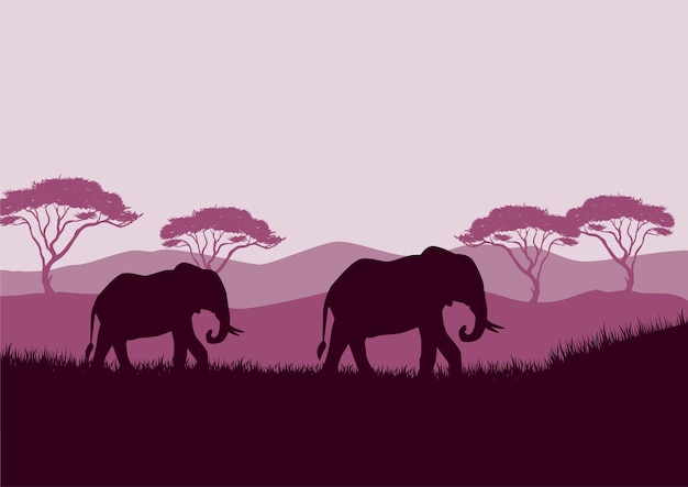 Elephant silhouettes in savanna landscape background illustration vector.