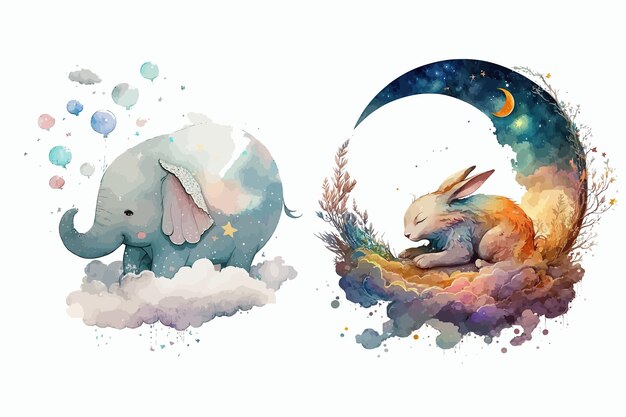 An elephant sits on a cloud a hare sleeps on a crescent in watercolor style Isolated vector illustration