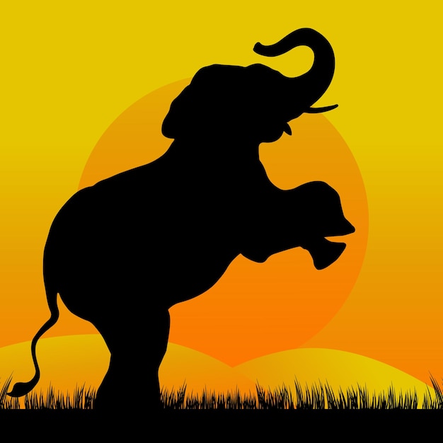 An elephant stands in front of a yellow and orange sunset