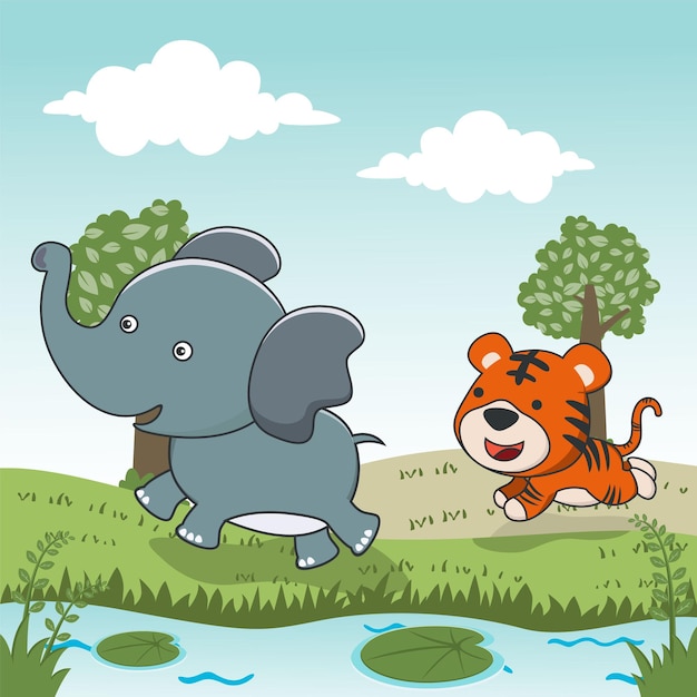 Слон и тигр бегут в Африке. Забавная детская графическая иллюстрация. Дизайн футболки для детей. Креативный векторный детский фон для обоев, плакатов и других украшений.