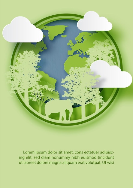 Vector elephant and trees on the earth in paper cut style with example texts on green background