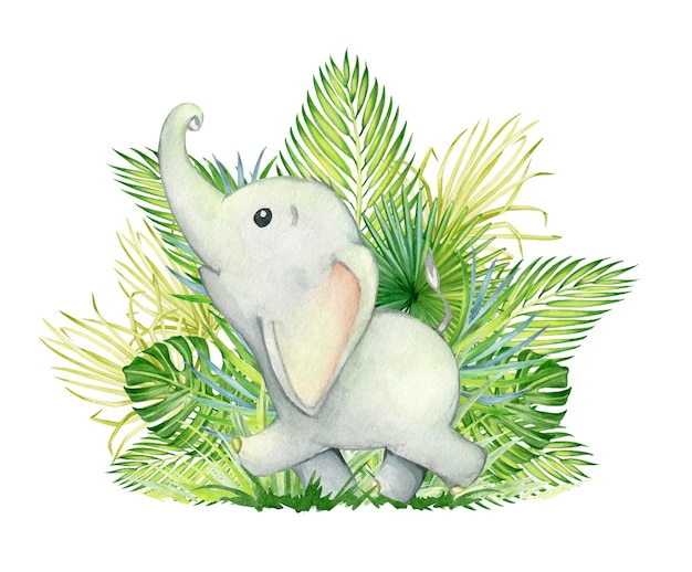 Elephant tropical leaves watercolor animal cartoon style on an isolated background