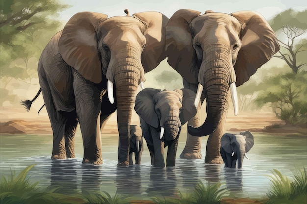 Vettore elefante nell'acqua elefante nell'acqua illustrazione di elefante e famiglia di elefanti sul rive