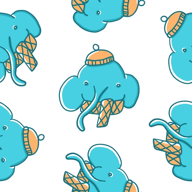 만화 플랫 스타일의 겨울 따뜻한 모자 원활한 패턴 일러스트에서 코끼리