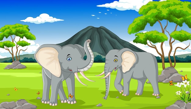 Vector elephant with landscape background