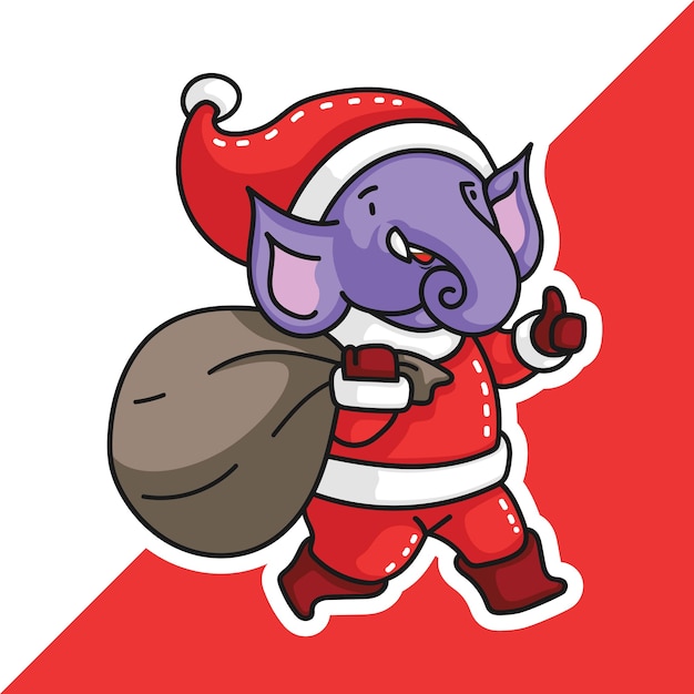 elephant with santa claus costume bring a sack of gift and make thumb up sign 