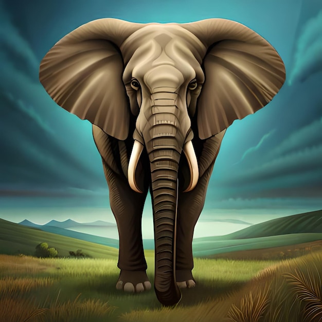 An elephant with tusks stands in a field with a cloudy sky behind it.