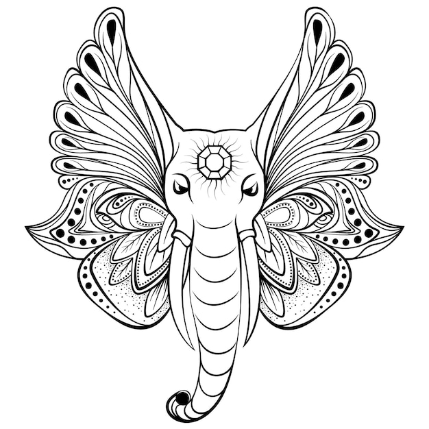 Elephant with wings instead ears. perfect for ethnic tattoo art, yoga, boho design.