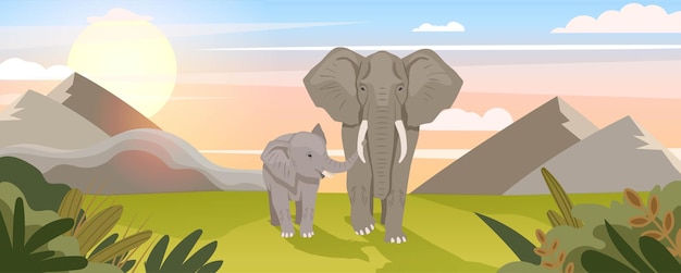 Vector elephants in african savannah