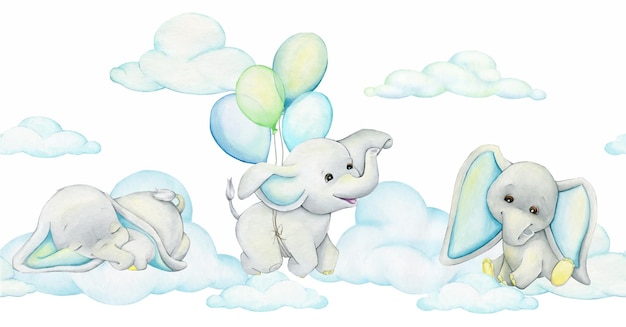 Elephants balloons Watercolor seamless pattern in cartoon style on an isolated background