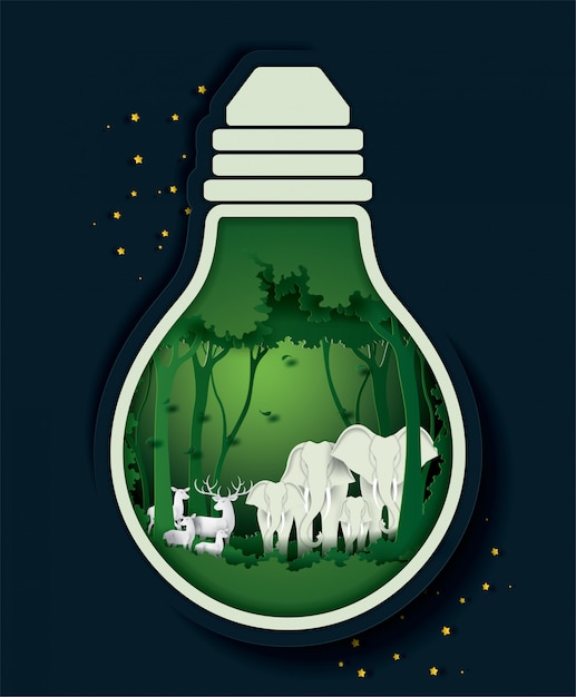 Elephants and deer in the night forest in light bulb.