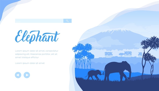 Elephants landing page template. savanna landscape minimalistic. african wild animals silhouettes.