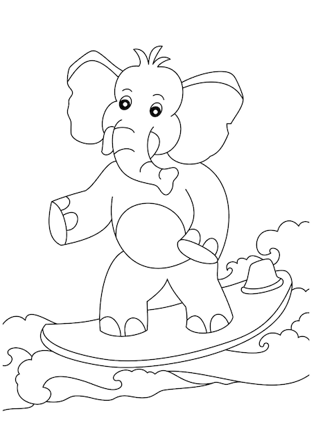 Vector elephants playing surf on the beach coloring page or book for kid vector