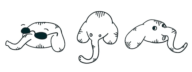 Elephants set with different faces in cartoon flat style