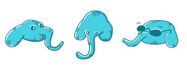 Elephants set with different faces in cartoon flat style