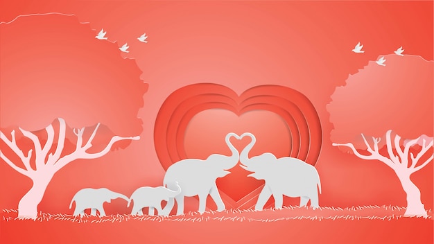 Vector elephants show love on the red heart background.