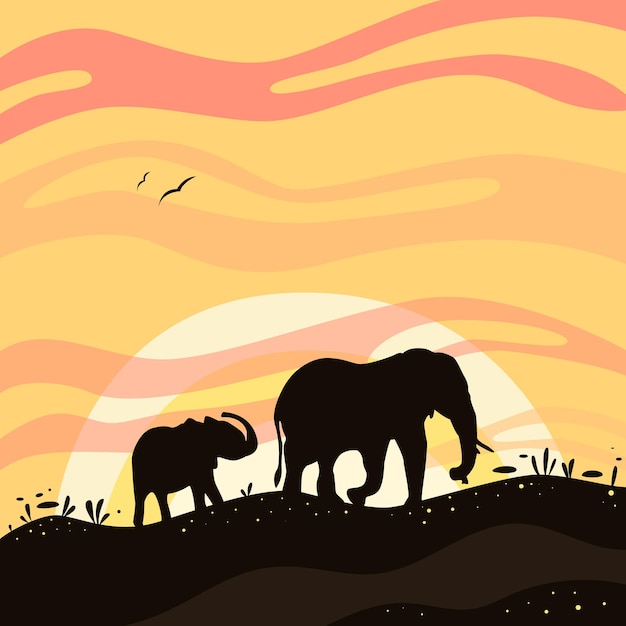 Vector elephants at sunset silhouette of an elephant on the background of sunset in the savannah africa