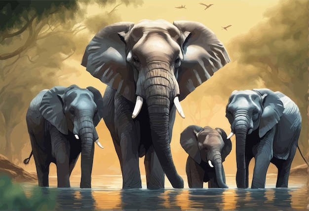 Vector elephants in the water elephants in the water african elephants in the water
