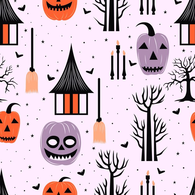 Vector elevate your halloween creativity with pumpkin bat and tree pattern design