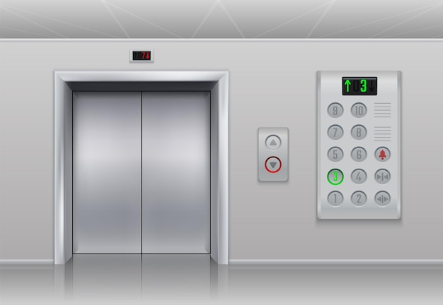 Vector elevator doors and buttons. realistic cargo and passenger lift with metal doors, stainless steel