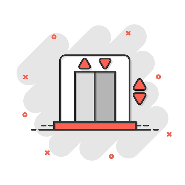 벡터 만화 스타일의 엘리베이터 아이콘 격리 된 흰색 배경에 만화 벡터 일러스트 리프트 여객 운송 스플래시 효과 비즈니스 개념
