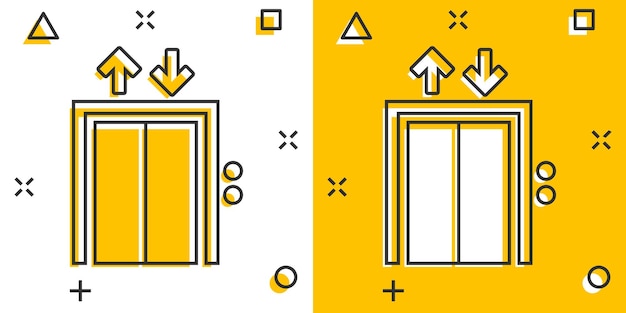 만화 스타일의 엘리베이터 아이콘 격리 된 흰색 배경에 만화 벡터 일러스트 리프트 여객 운송 스플래시 효과 비즈니스 개념