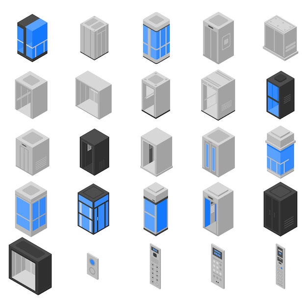 Elevator icons set, isometric style