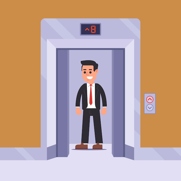 An elevator passenger rises to his floor. flat   illustration