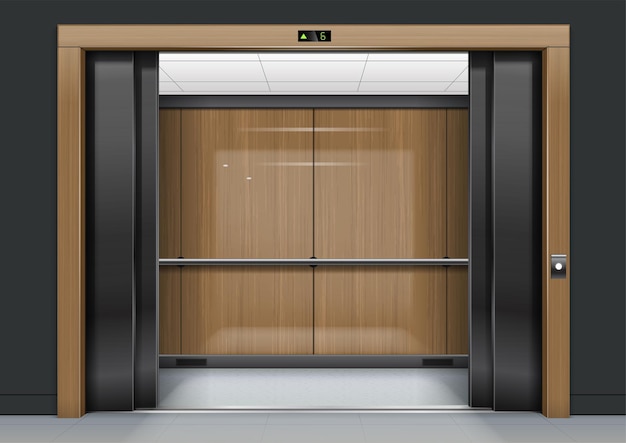 Elevator portal with wooden frame vector graphics dark interior