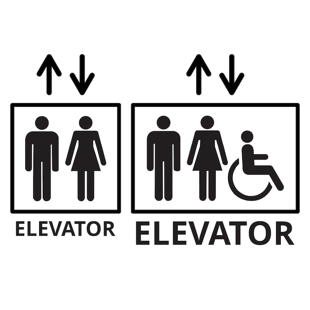 Elevator sign and elevator sign for disable person on a white background