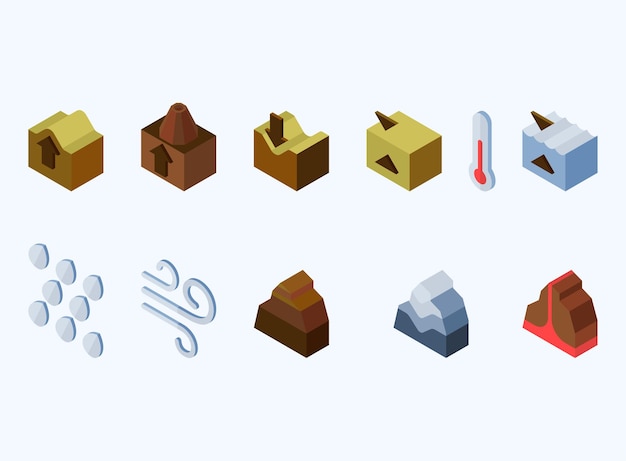 Eleven isometric icons of earth nature elements for game