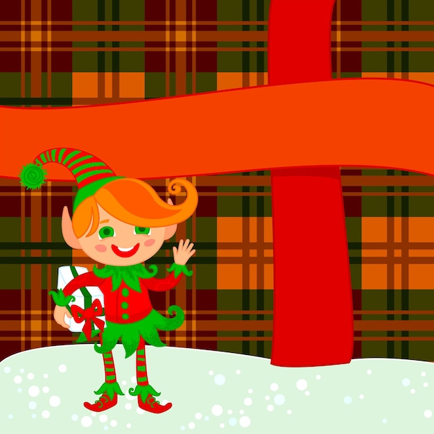 Elf and big present, holiday background