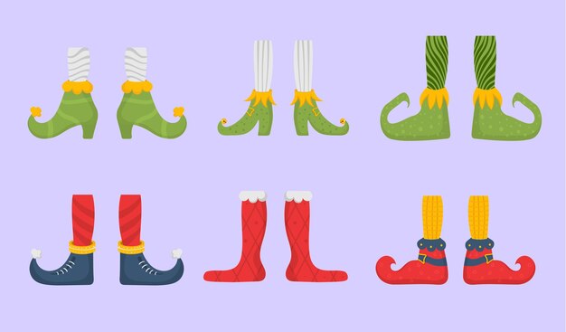 Vector elf feet flat shoes for elves feet santa claus helpers dwarf leg in pants funny socks and boots