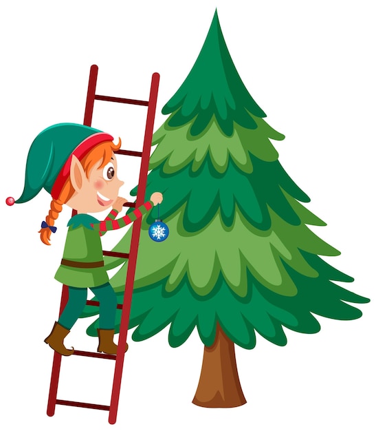 Vector elf girl decorating christmas tree