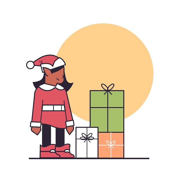 Девушка-эльф готовится к празднованию нового года и рождества помощник санта рядом с завернутыми подарочными коробками линейная векторная иллюстрация