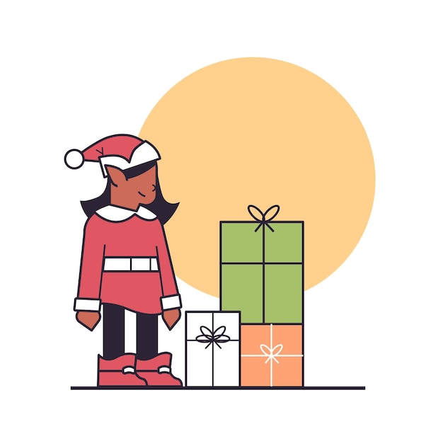 Vector elf girl preparing for new year and christmas holidays celebration santa helper near wrapped gift boxes linear vector illustration