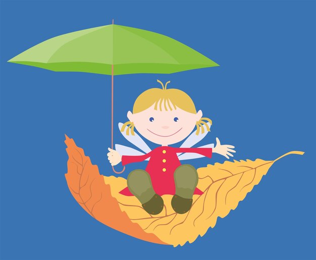 Ragazza dell'elfo con l'ombrello che vola sulla foglia di autunno