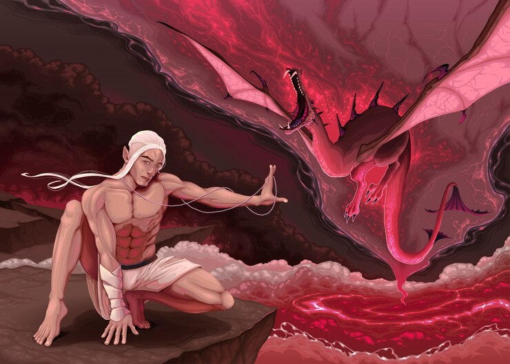 Vector elf is evoking a dragon
